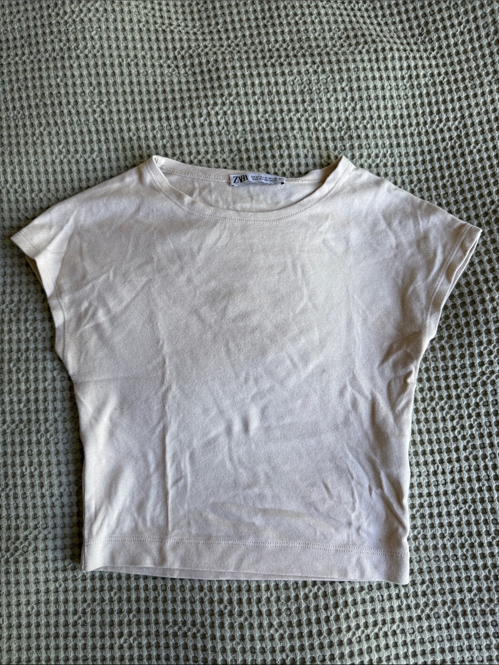 Zara Cream Tab Short Cap Sleeve Cropped Tee